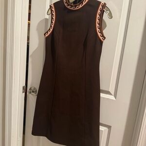 Chic Sleeveless Brown Dress with Orange Trim